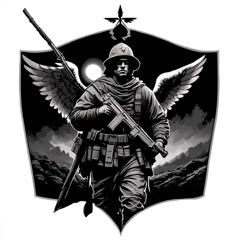imagine of a soldier that is an angel of god that's walking a path of pain with he's back turn  tattoo design idea