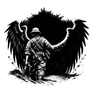 imagine of a soldier that is an angel of god that's walking a path of pain with he's back turn  tattoo design idea