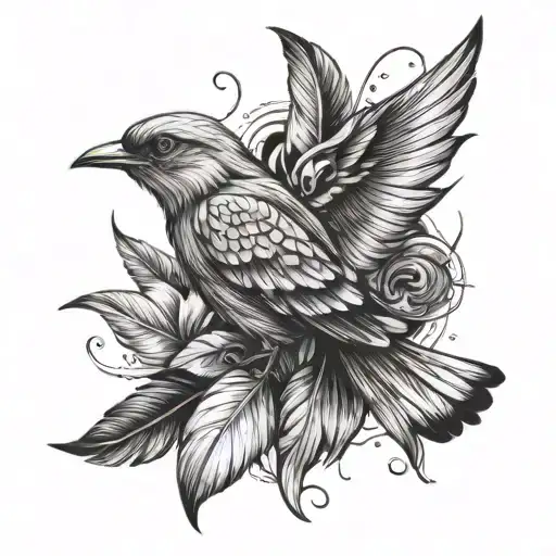 feathers and bird flying tattoo design idea