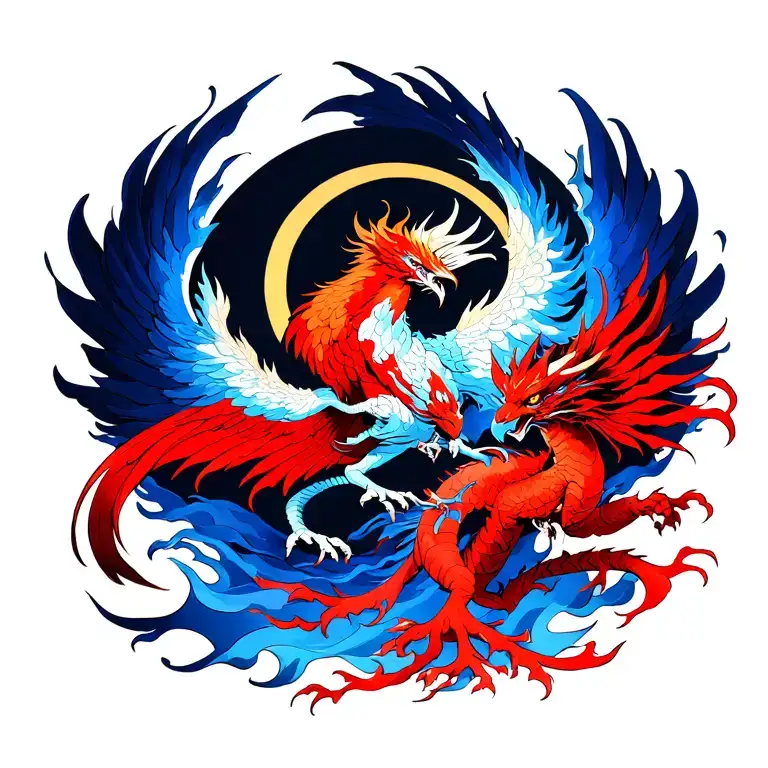 A Phoenix so hot it is made of cobalt blue and white flames fights with a red dragoon with an arc angel between them. tattoo design idea