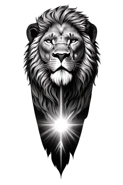 daniel in the lions den with a light shining dow on him and a lions head on top tattoo design idea
