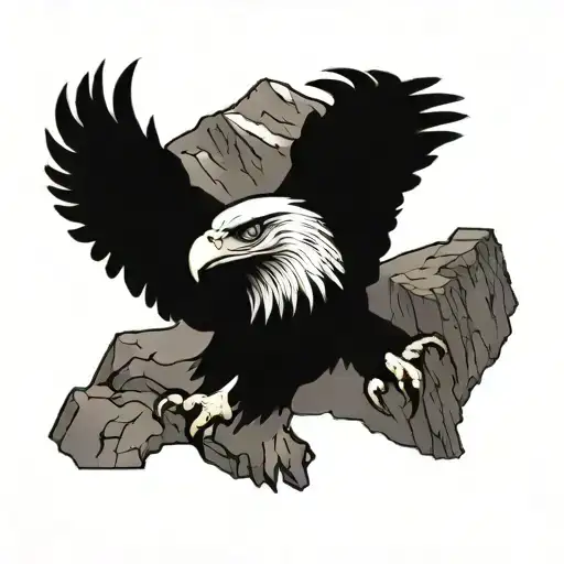 A stylized eagle with a teacher's apple in its talons, perched on a rocky cliff overlooking a mountain vista tattoo design idea