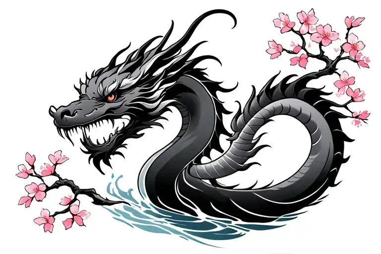 Japanese dragon, flowing water, cherry blossoms for the neck tattoo design idea