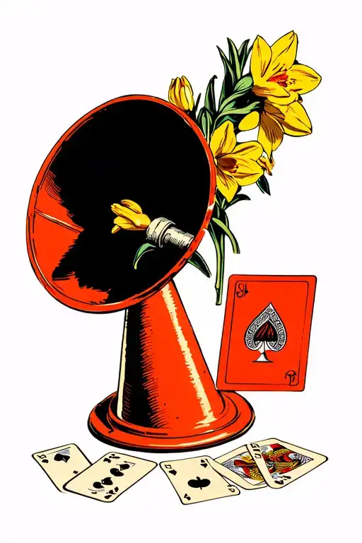 traffic cone with narcissus flowers and playing cards tattoo design idea