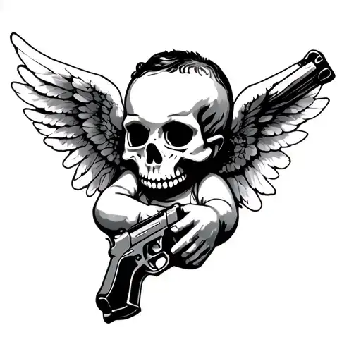 Baby angel with gun and skull  in hands tattoo design idea