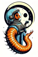 Wes Anderson style earthworm wearing a space helmet floating in front of the moon tattoo design idea