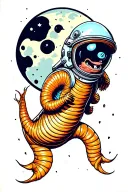 Wes Anderson style earthworm wearing a space helmet floating in front of the moon tattoo design idea