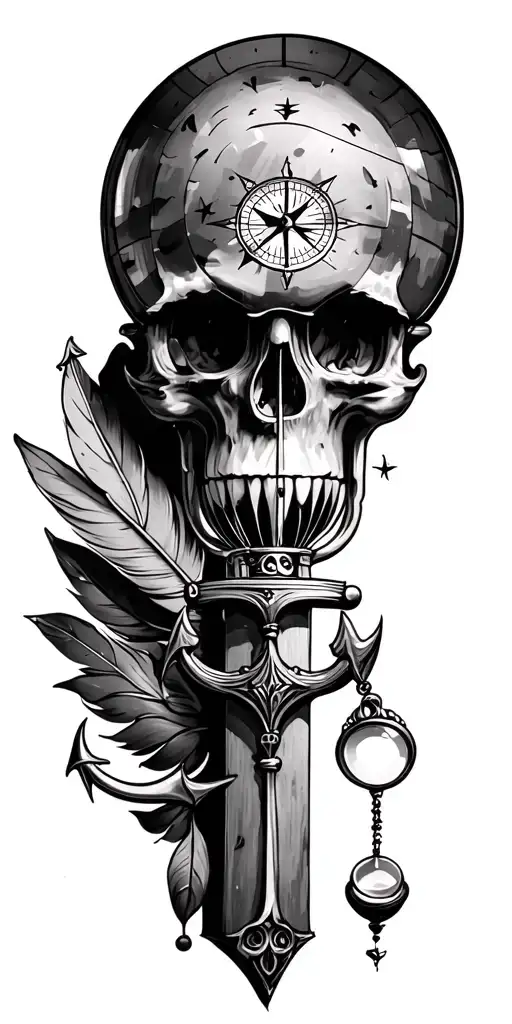 lighthouse, anchor, compass, quill pen, hour glass and magnifying glass tattoo design idea