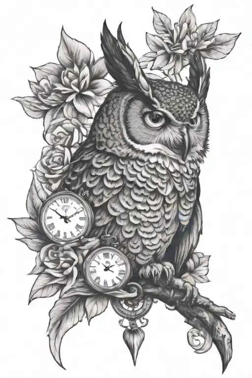 great horned owl at top, pocket watch, with Lillie's at the bottom tattoo design idea