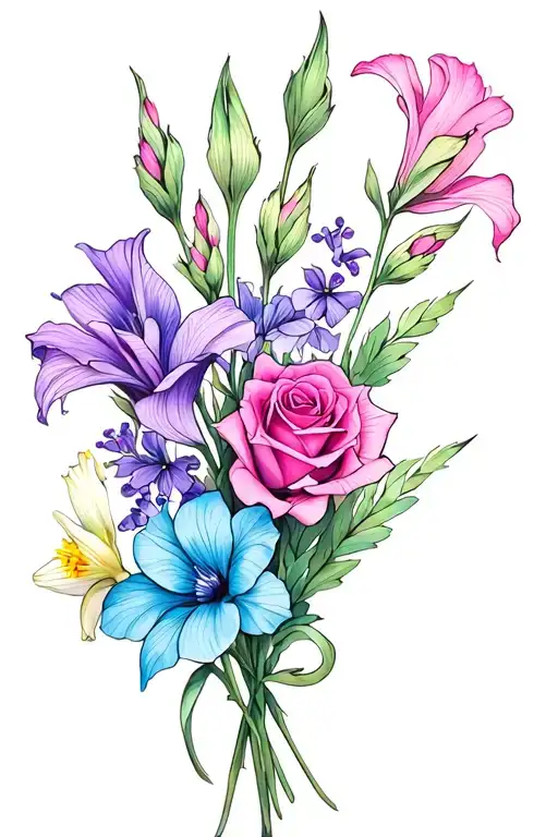 gladiolus, daffodil, rose, sweet pea birth flower bouquet. I like colors: blues, pinks, purples, cyan tattoo design idea