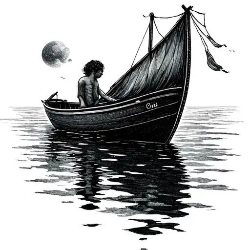 Small boat in the ocean between lovers tattoo design idea