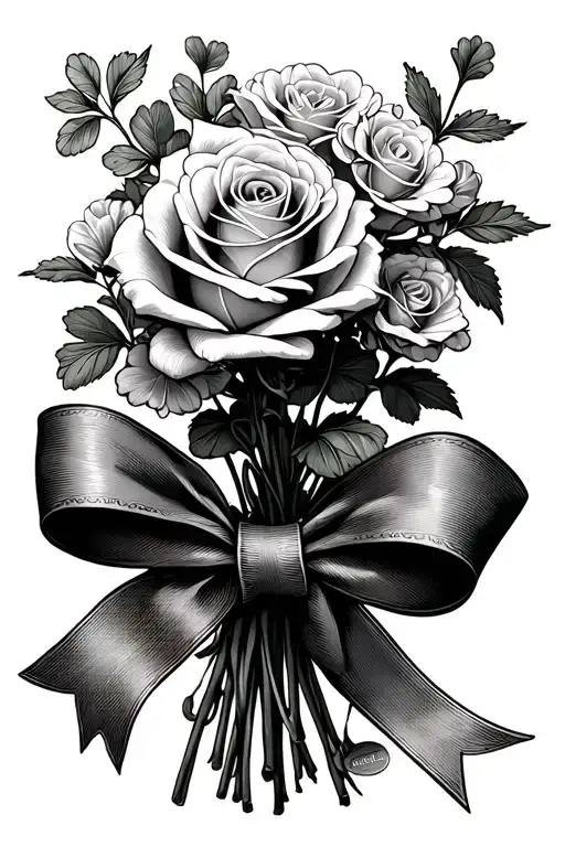 rose, honeysuckle, clover bouquet tied with ribbon and penny tattoo design idea