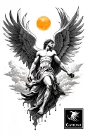 icarus falling from sky while reaching for the sun while his wings are melting for a half sleeve tattoo design idea