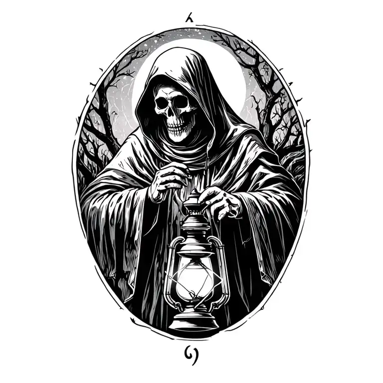 The hermit tarot card walking sideways in darkness holding a lantern thats emitting light. Skull face cloaked in hood tattoo design idea