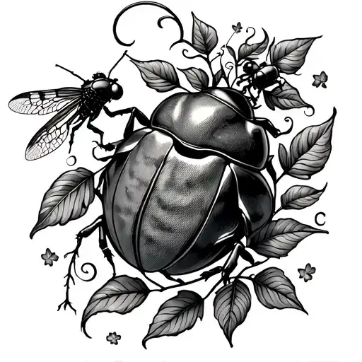 spiraling vine sleeve with a June bug, firefly and stink bug on it tattoo design idea