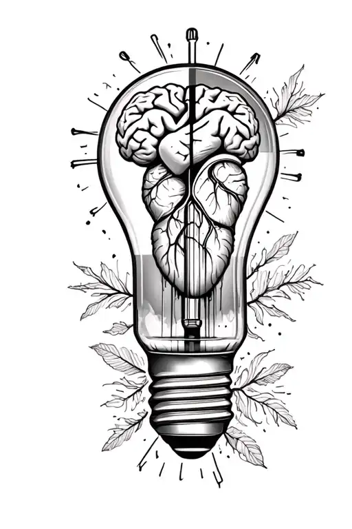 half brain half heart inside lightbulb fine line shading tattoo design idea