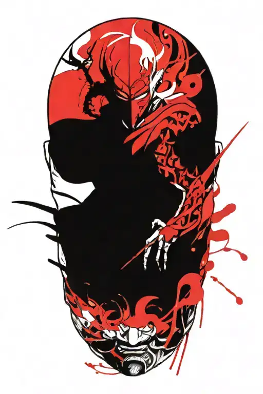 anime character full body wearing a oni mask fighting off inner demons with minimal black areas and no background filler tattoo design idea