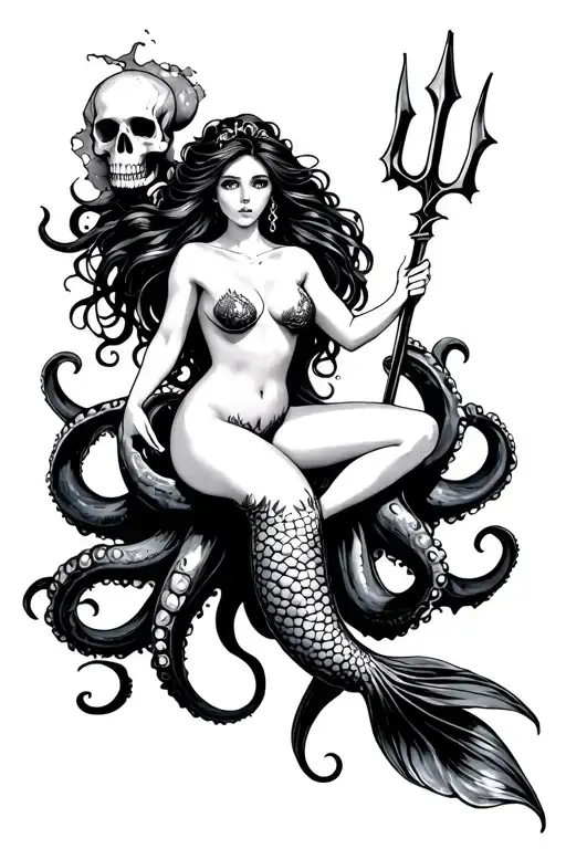 A siren mermaid is sitting on an octopus/skull hybrid and is holding a trident tattoo design idea