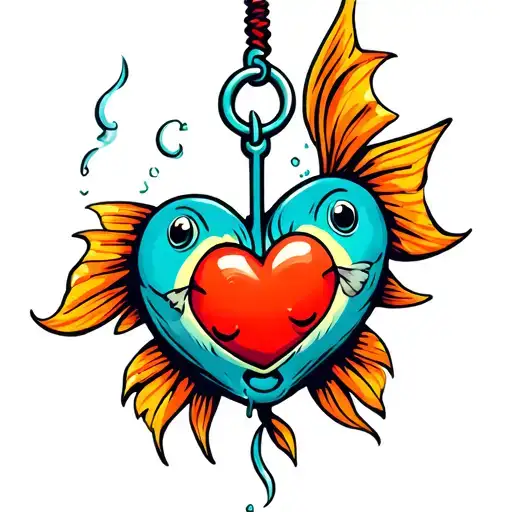 a fish hook that has caught a heart. the heart is anthopomorphic, cartoonish and happy to be caught tattoo design idea