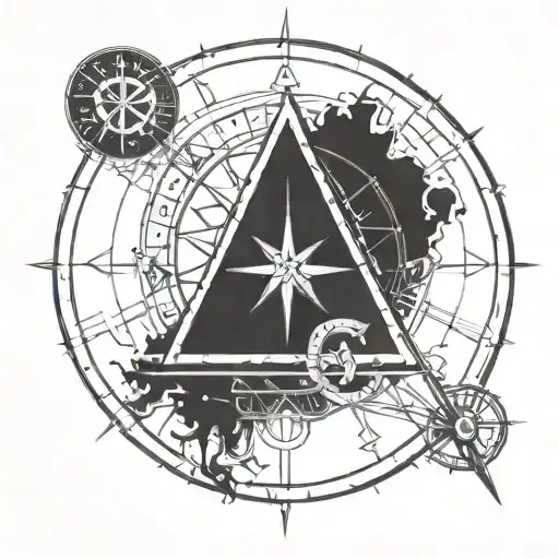 triangle symbol above a compass, a string hanging down from it an anchor, date of birth 10.08.2018 and 05.07.2020 tattoo design idea