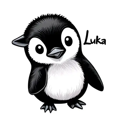 simple baby penguin with the name 'Luka' mixed within tattoo design idea