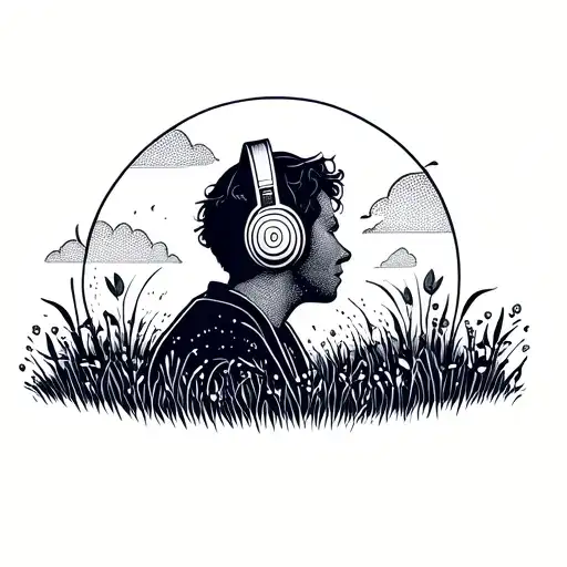 An intricate dotwork tattoo of a silhouette of a person listening to music with headphones in a peaceful meadow tattoo design idea