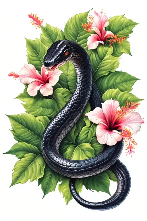 black mamba coiled in between hibiscus leaves  tattoo design idea