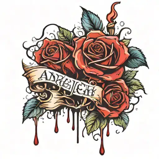 red roses dripping in blood on the name analeigh tattoo design idea