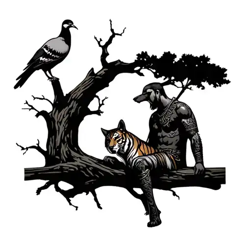 A warrior sitting against a tree with a chukar on his shoulder. Laying across his legs is a wolf. tiger on branch  tattoo design idea