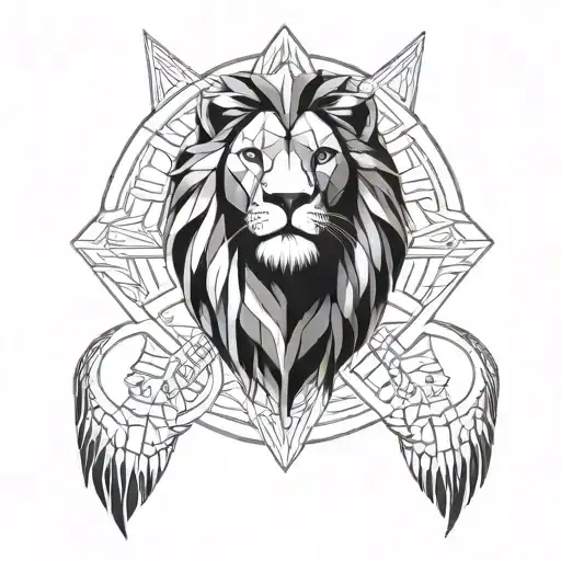 geometric style tattoo that incorporates a spartan warrior merged with angel Gabriel, and include a lion to symbolize Jo tattoo design idea