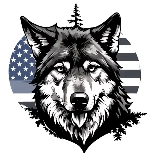 wolf with a tree, time, and USA flag tattoo design idea