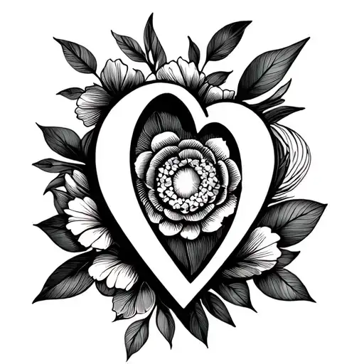 Initials O. V. with geometry, flowers and heart tattoo design idea