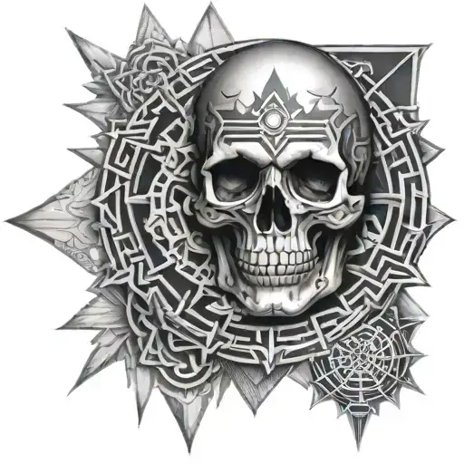 Sri yantra and skull surrounded tattoo design idea