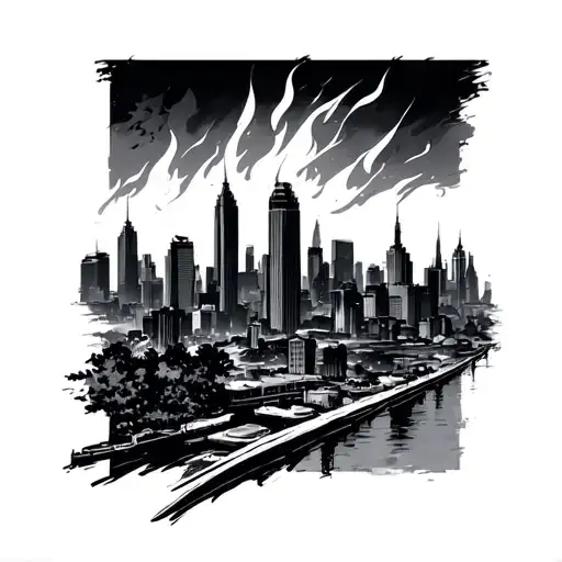 skyline on fire line art tattoo design idea