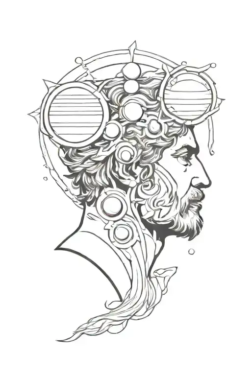 twofaced roman god Janus with planets orbiting each other tattoo design idea