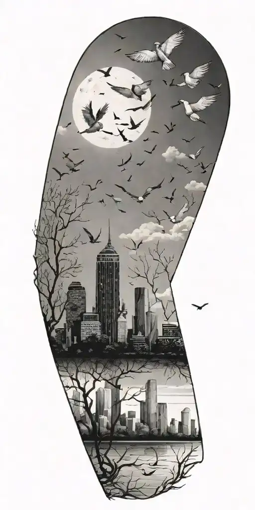 A peaceful scene of Houston Texas with birds flying overhead tattoo design idea