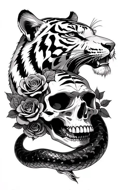 a tiger and a skull intertwined with a snake that wants to bite the tiger's head and roses tattoo design idea