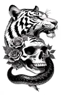a tiger and a skull intertwined with a snake that wants to bite the tiger's head and roses tattoo design idea