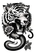 a tiger and a skull intertwined with a snake that wants to bite the tiger's head and roses tattoo design idea