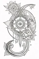 crescent moon, lotus, sun, eye, sword, stars bohemian feminine. Thin line. long tattoo. tattoo design idea