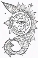 crescent moon, lotus, sun, eye, sword, stars bohemian feminine. Thin line. long tattoo. tattoo design idea