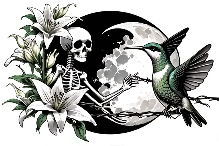 half moon, lilies on barbed wire and skeleton holding a hummingbird tattoo design idea