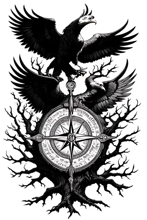 Vegvisir Viking Compass on a tree of life surrounded by wings of eagles tattoo design idea