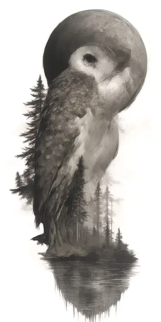 massive forest landscape with owl in the background  tattoo design idea