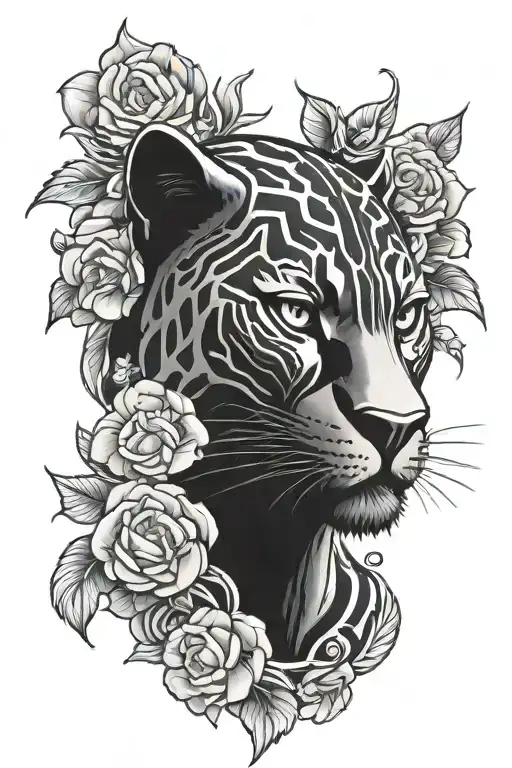 black panther head with flowers intertwined tattoo design idea