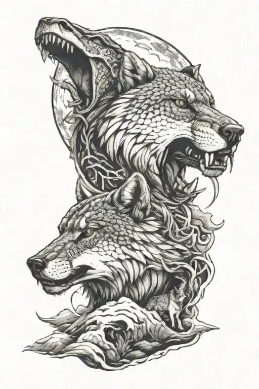snake and alpha wolf howling moon tattoo design idea