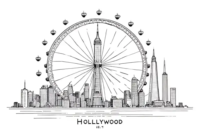 include London eye, Chicago bean, Willis tower, Hancock building, the shard, U.S. Bank tower, the Hollywood sign on hill tattoo design idea
