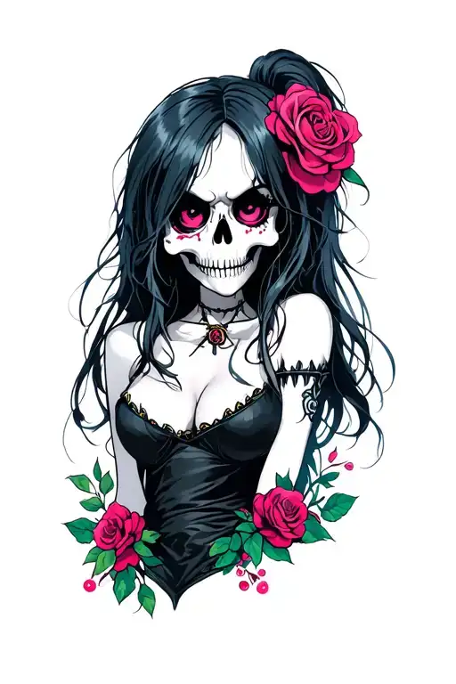 angry girly skull face tattoo design idea