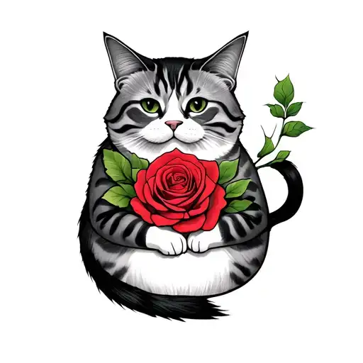fat cat hugging a rose tattoo tattoo design idea