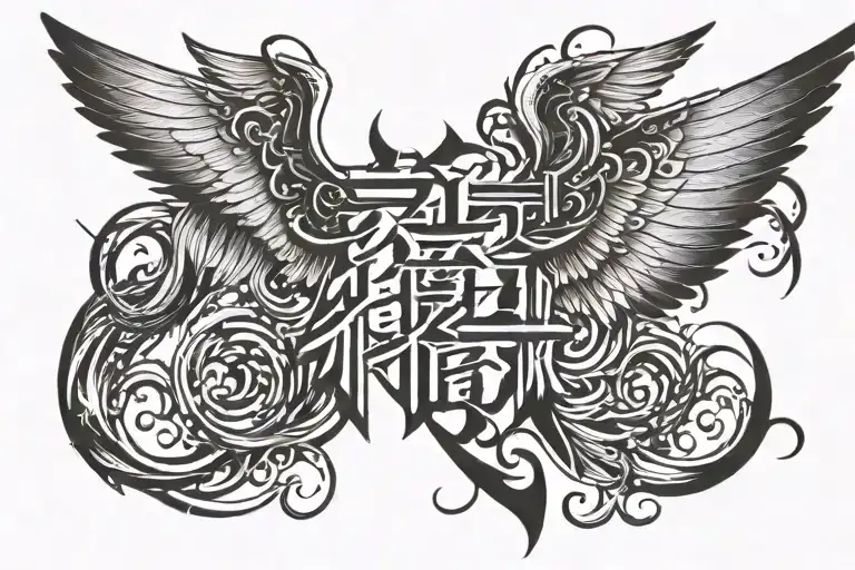 benimaru written in japanese with angel like wings on the sides tattoo design idea